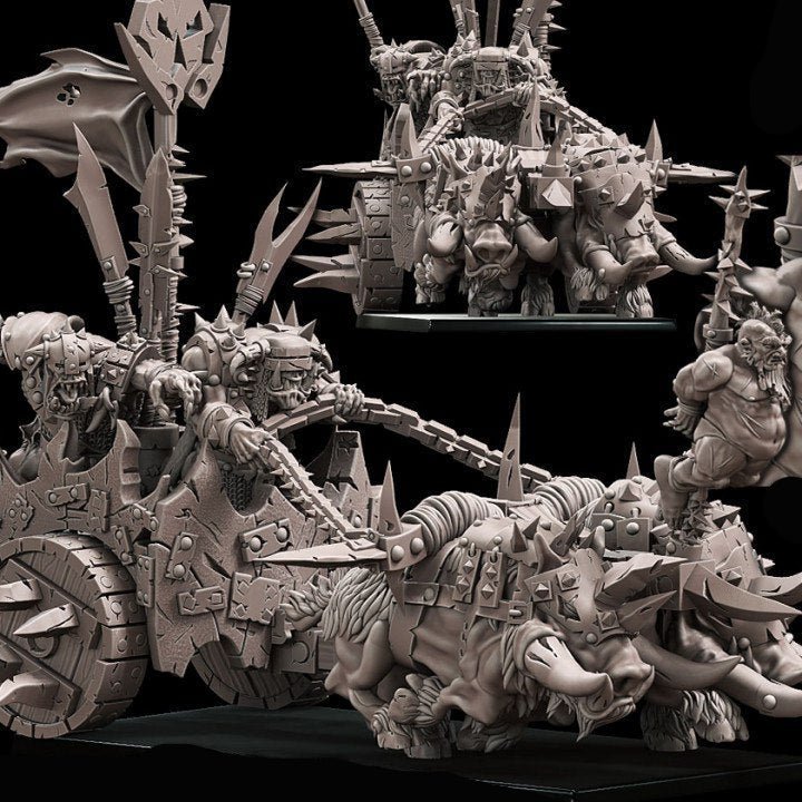 Orc boar chariot warhammer dungeon and dragon 3d print table game wargame standard dimension 1 miniature 12cm | ModelsAndMiniature